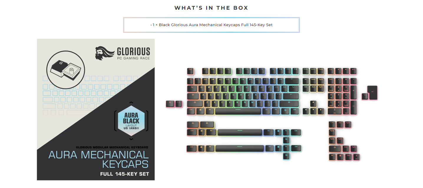 A large marketing image providing additional information about the product Glorious Aura V2 PBT Pudding Keycaps - Black - Additional alt info not provided